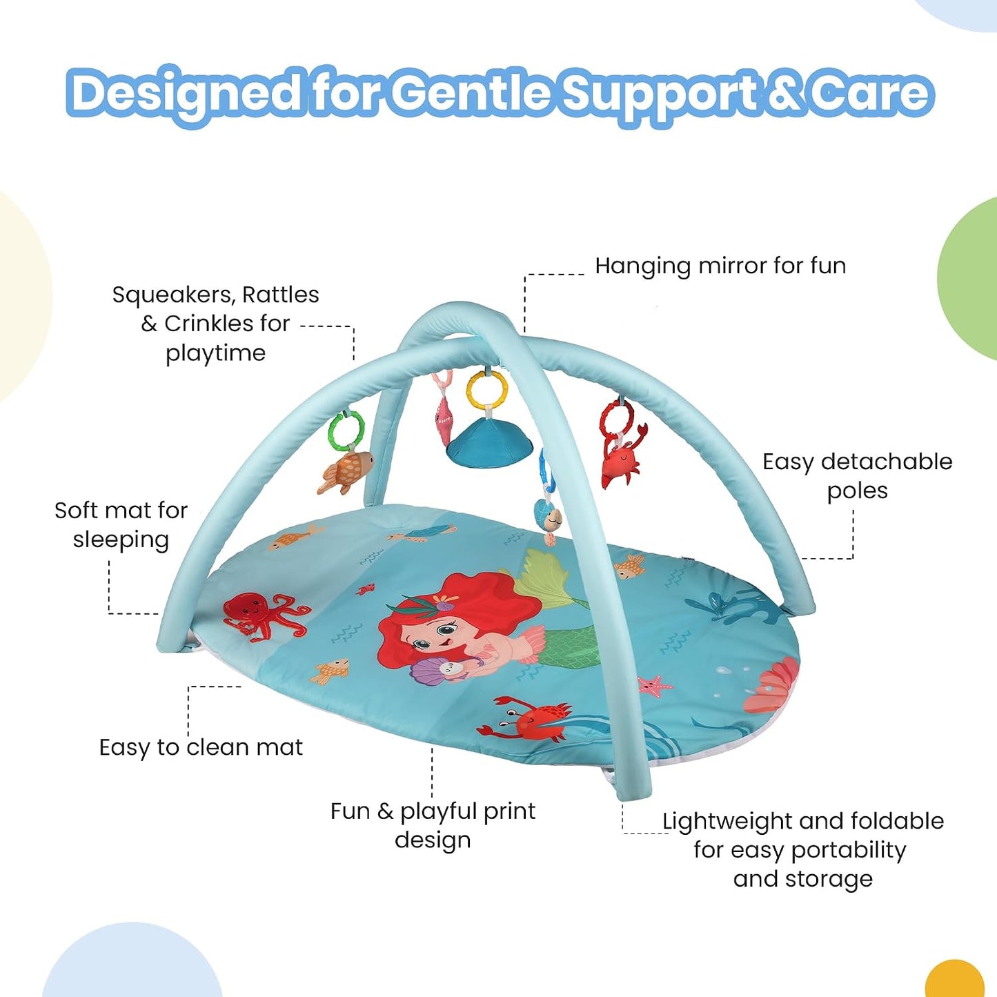 Baby Playgym for Babies | Activity Play Gym with Hanging Crinkles, Squeaker, Mirror and Rattles Toys, Foldable, Washable and Non-Toxic Play Gym, for Infants 2+ Months Mermaid s Cove