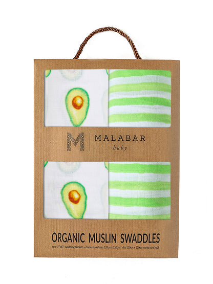 Malabar Baby Organic Swaddle Set - Avocuddles (Avocado + Lime Green Stripes)