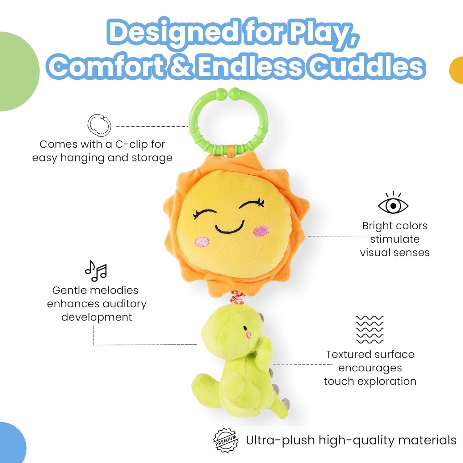 Dino Musical Soft Toy for Babies, Plush Dinosaur with Soothing Melodies, Sensory Development, Fine Motor Skills and Hand-Eye Coordination, Safe and Cuddly Infant Toy for 3+ Months