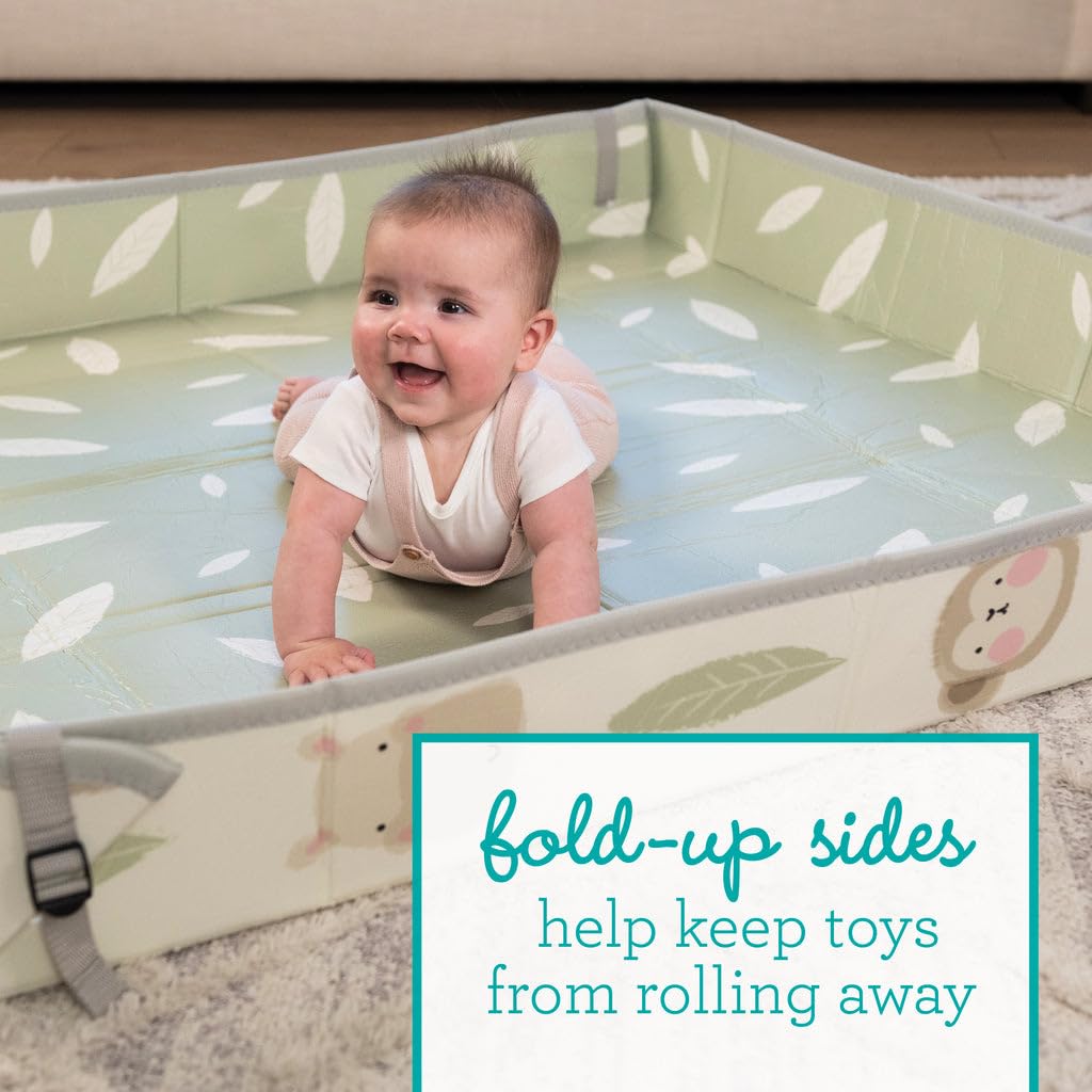 Infantino Foldable Soft Foam Play Mat | Reversible, Easy-Clean Tummy Time & Play Mat with Fold-Up Walls for Safe Play | Portable Baby Mat for Birth to 36 Months – Forest