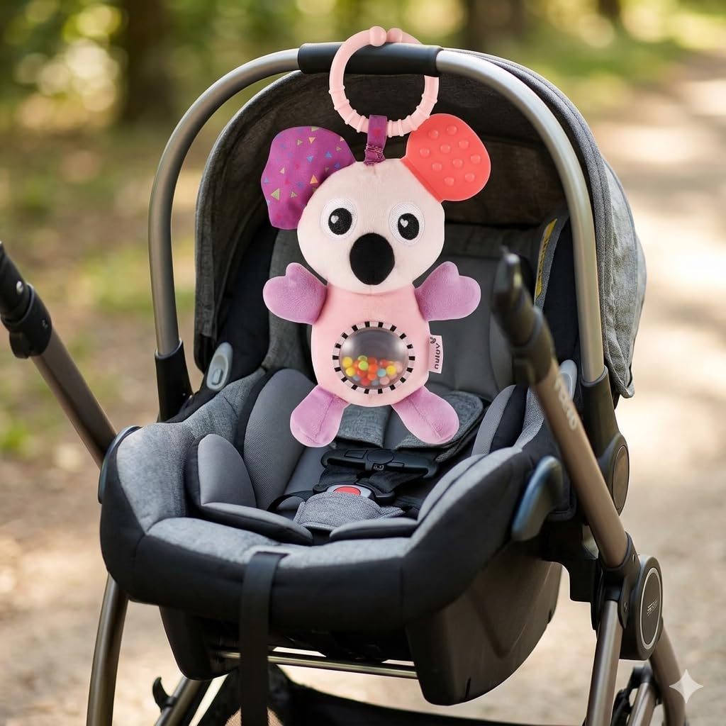 Infant Koala Jittery Teether Rattle Plush Toy, Hanging Rattle, Stroller Toy with Tactile Material for Baby 3 Months+,Multicolor