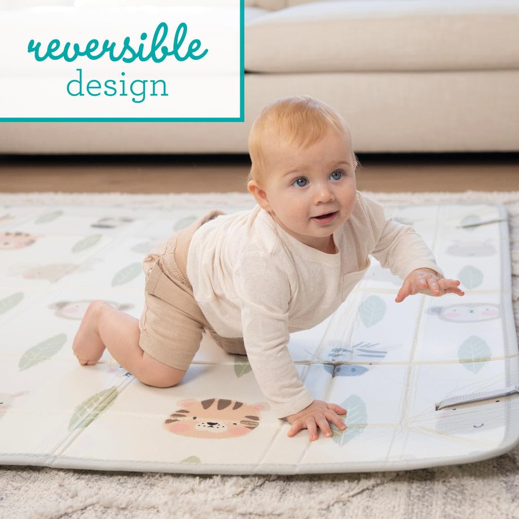 Infantino Foldable Soft Foam Play Mat | Reversible, Easy-Clean Tummy Time & Play Mat with Fold-Up Walls for Safe Play | Portable Baby Mat for Birth to 36 Months – Forest