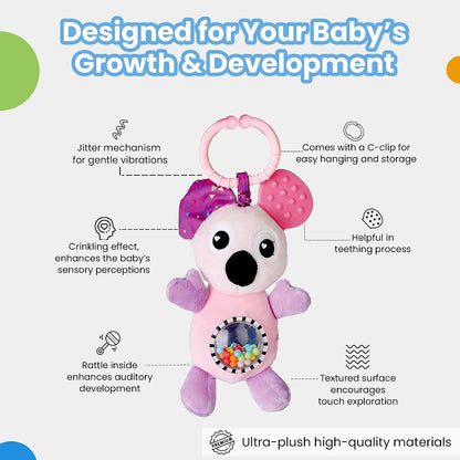Infant Koala Jittery Teether Rattle Plush Toy, Hanging Rattle, Stroller Toy with Tactile Material for Baby 3 Months+,Multicolor
