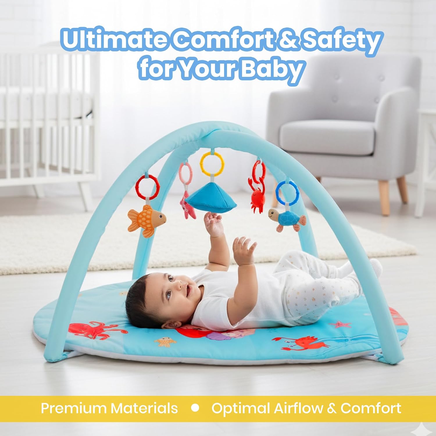 Baby Playgym for Babies | Activity Play Gym with Hanging Crinkles, Squeaker, Mirror and Rattles Toys, Foldable, Washable and Non-Toxic Play Gym, for Infants 2+ Months Mermaid s Cove