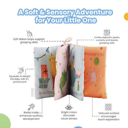 Infant Perfect Party Playbook - Squeaker and Rattle Cloth Book Enable Joyful Sounds for Baby 3 Months+, Multicolor