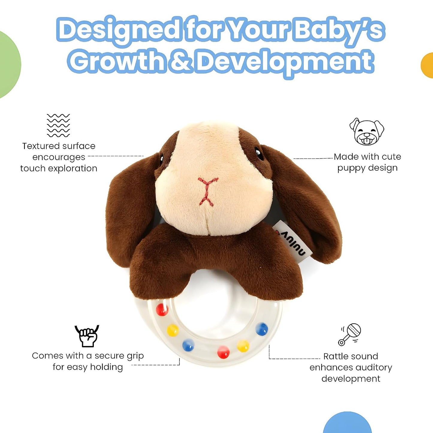 Puppy Rattle Plush Toy, Soft Grip, Colorful Beads for Sensory Development, Perfect for 3 Months+ Babies