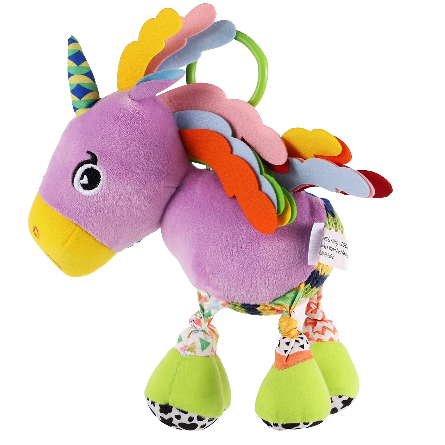 Sparkly Unicorn Baby Toy with Rattle, Crinkle Wings and Star Rings, Soft Sensory Plush Toy for Playtime Fun, Lightweight and Portable, Non-Toxic, BPA-Free for Kids 3+ Months