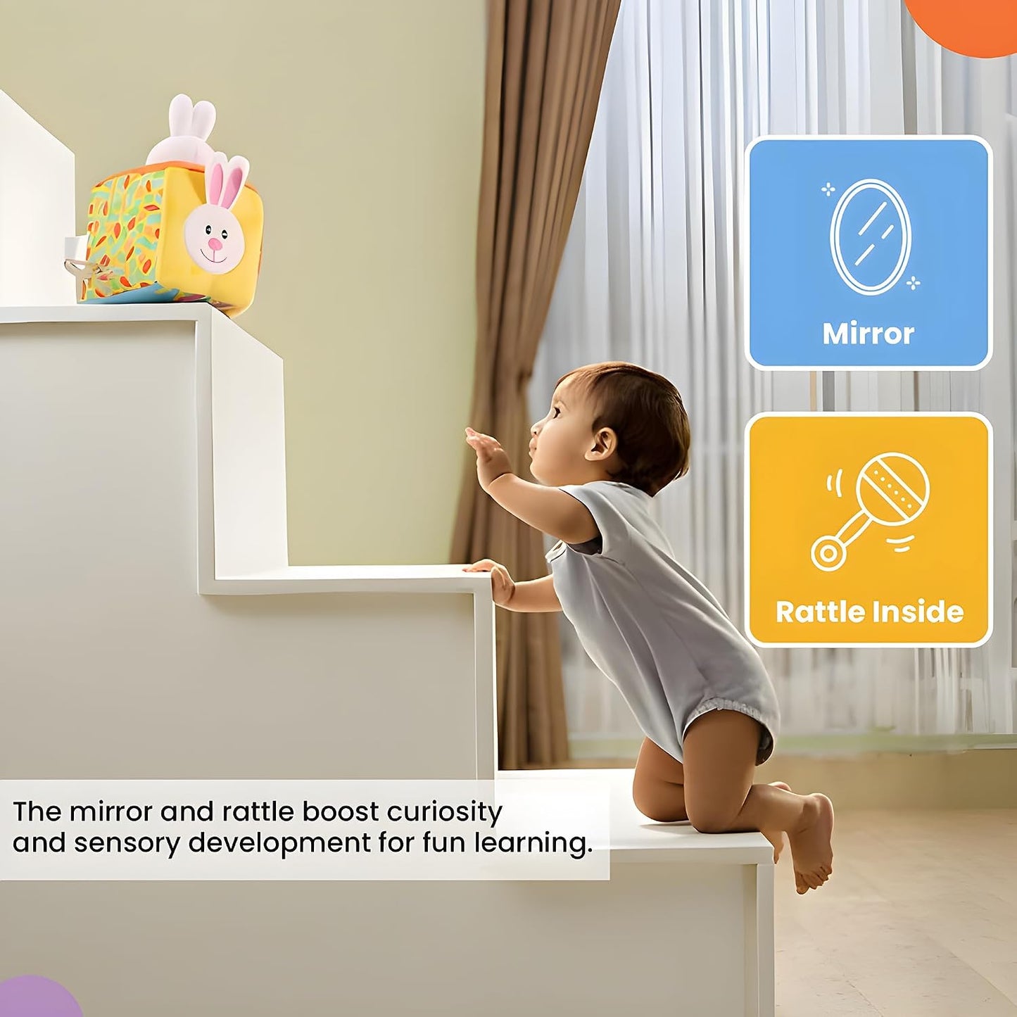 Infant Plush Bunny Cube Early Learning Activity Play Toy with Squeaky Crinkle Rattle for Baby 3 Months+,Multicolor