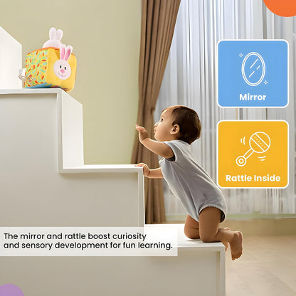 Infant Plush Bunny Cube Early Learning Activity Play Toy with Squeaky Crinkle Rattle for Baby 3 Months+,Multicolor