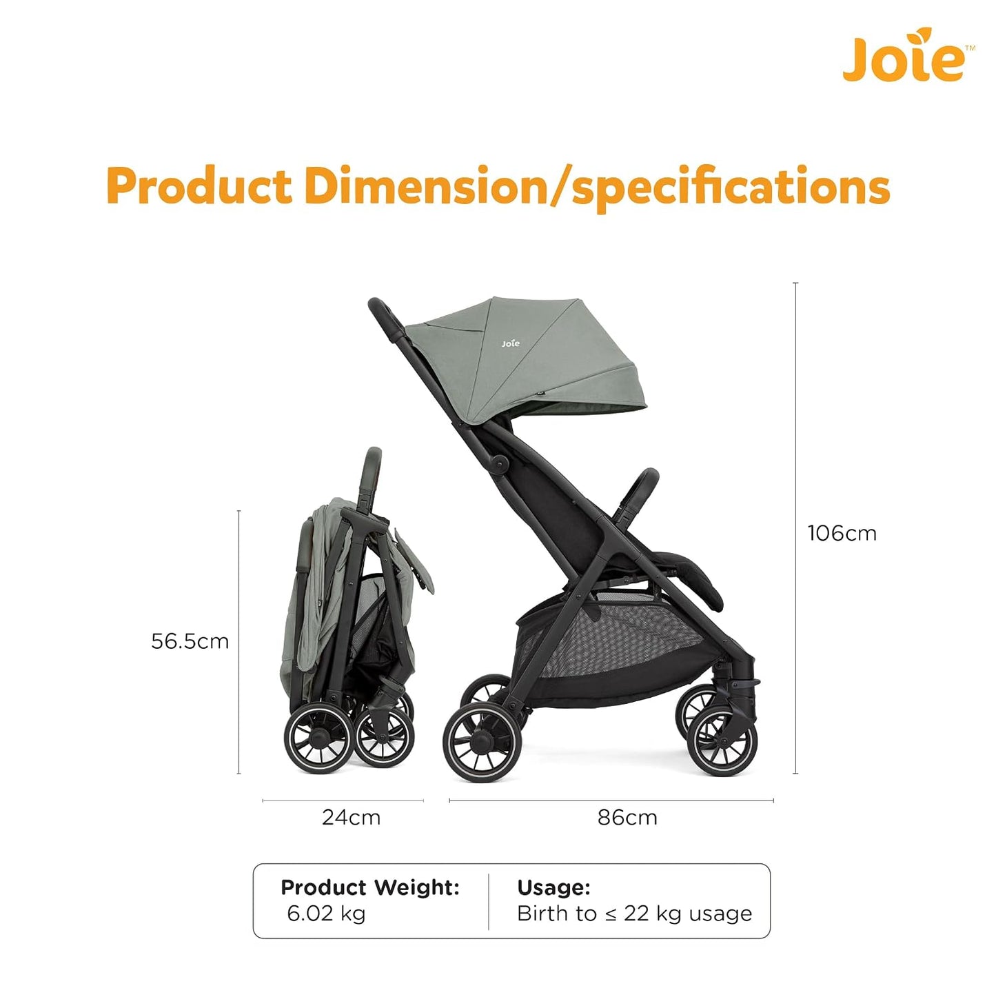 Joie Pact Pro Lightweight Compact Fold Stroller - Pram for Boys and Girls with Custom Recline, Front Swivel Wheels and UPF 50+ Canopy Stroller for Suitable from Birth to 22kg, Age 0 to 4 Years