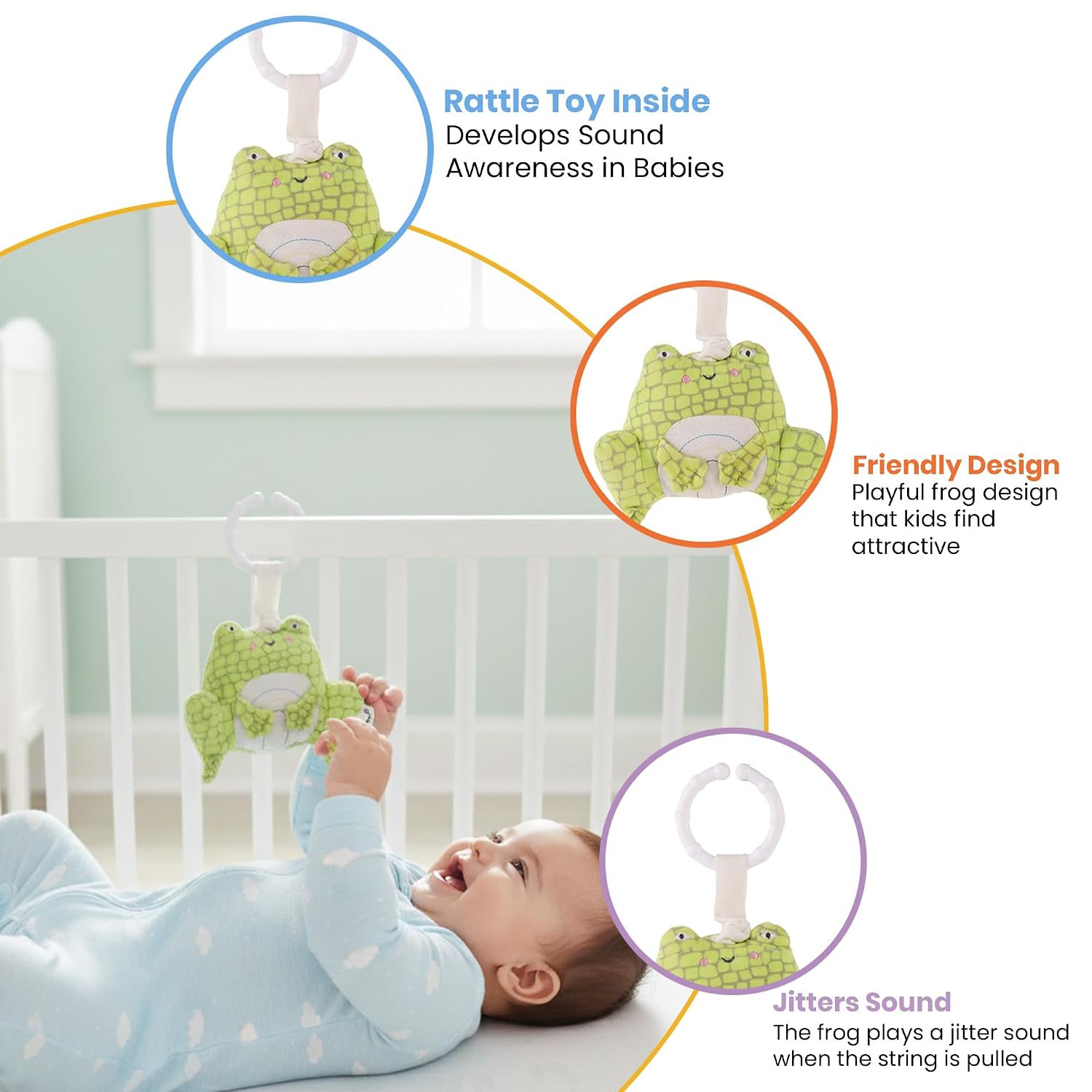 Activity Frog Rattle, 2-in-1 Jitter and Rattle Toy for Babies, BPA-Free, Soft Plush, Sensory Development Hanging Toy for Crib, Stroller and Car Seat, for Babies 3+ Months