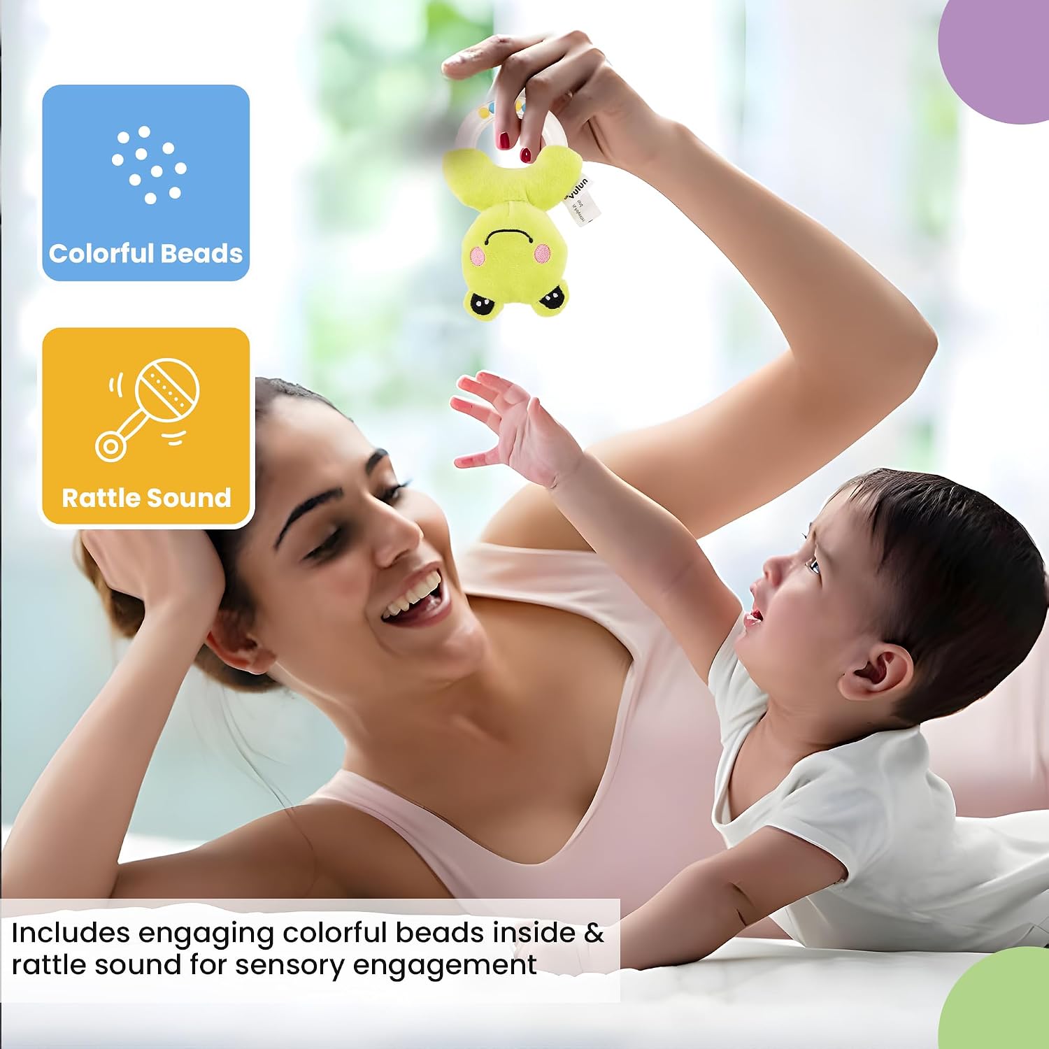 Frog Ring Rattle Toy, Soft Toy with Rattle Sound, Ring Rattle for Babies and Infants, Develops Sight, Sound and Motor Skills, Lightweight and Portable, Non-Toxic, for Babies 3+ Months