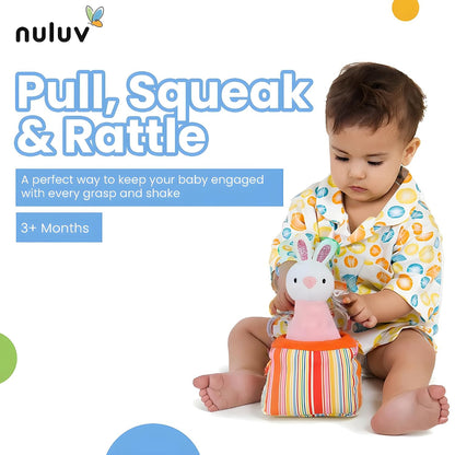 Infant Plush Bunny Cube Early Learning Activity Play Toy with Squeaky Crinkle Rattle for Baby 3 Months+,Multicolor