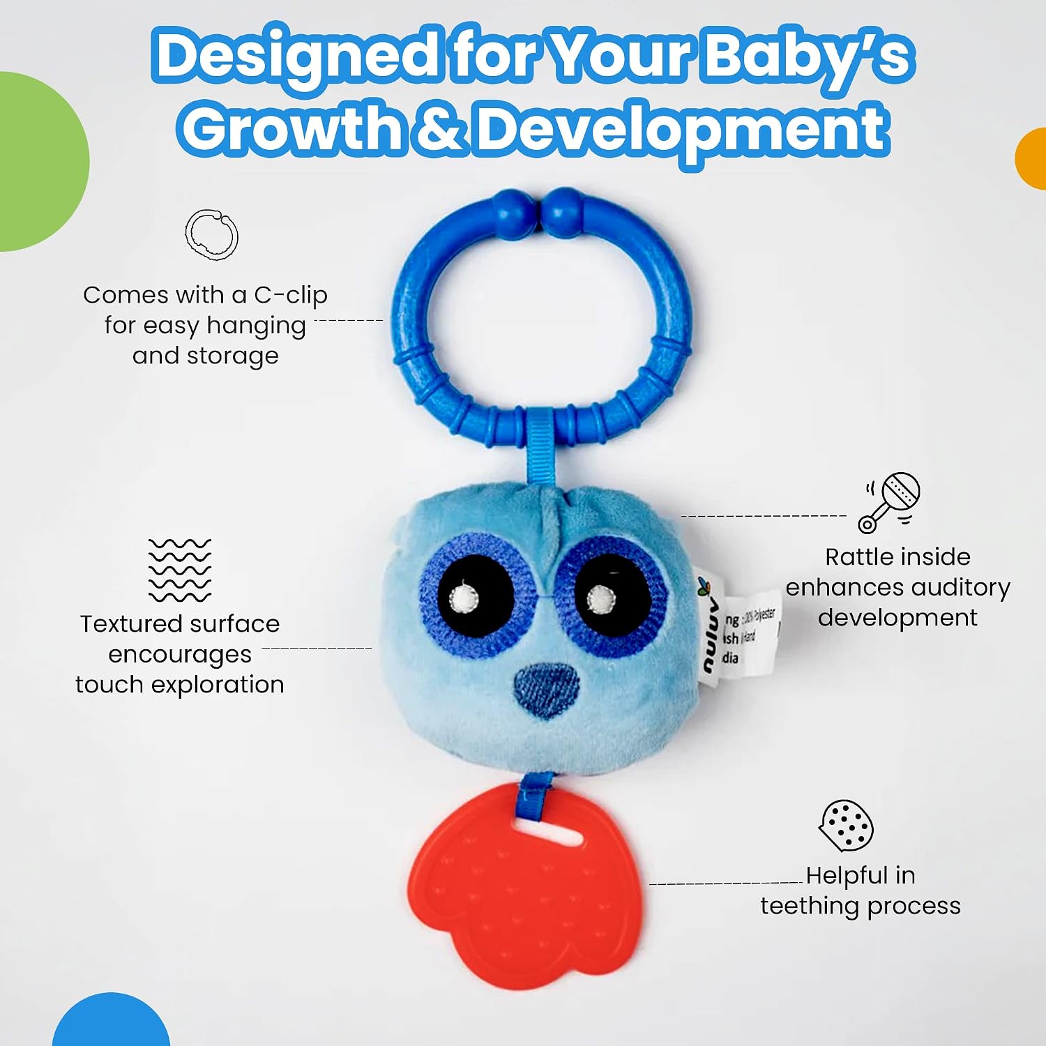 Owl Teether Rattle Plush Toy, Soft & Cuddly with Stroller Attachment Ribbon for 3+ Months Babies