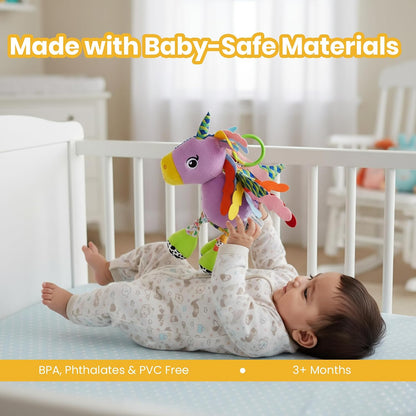 Sparkly Unicorn Baby Toy with Rattle, Crinkle Wings and Star Rings, Soft Sensory Plush Toy for Playtime Fun, Lightweight and Portable, Non-Toxic, BPA-Free for Kids 3+ Months