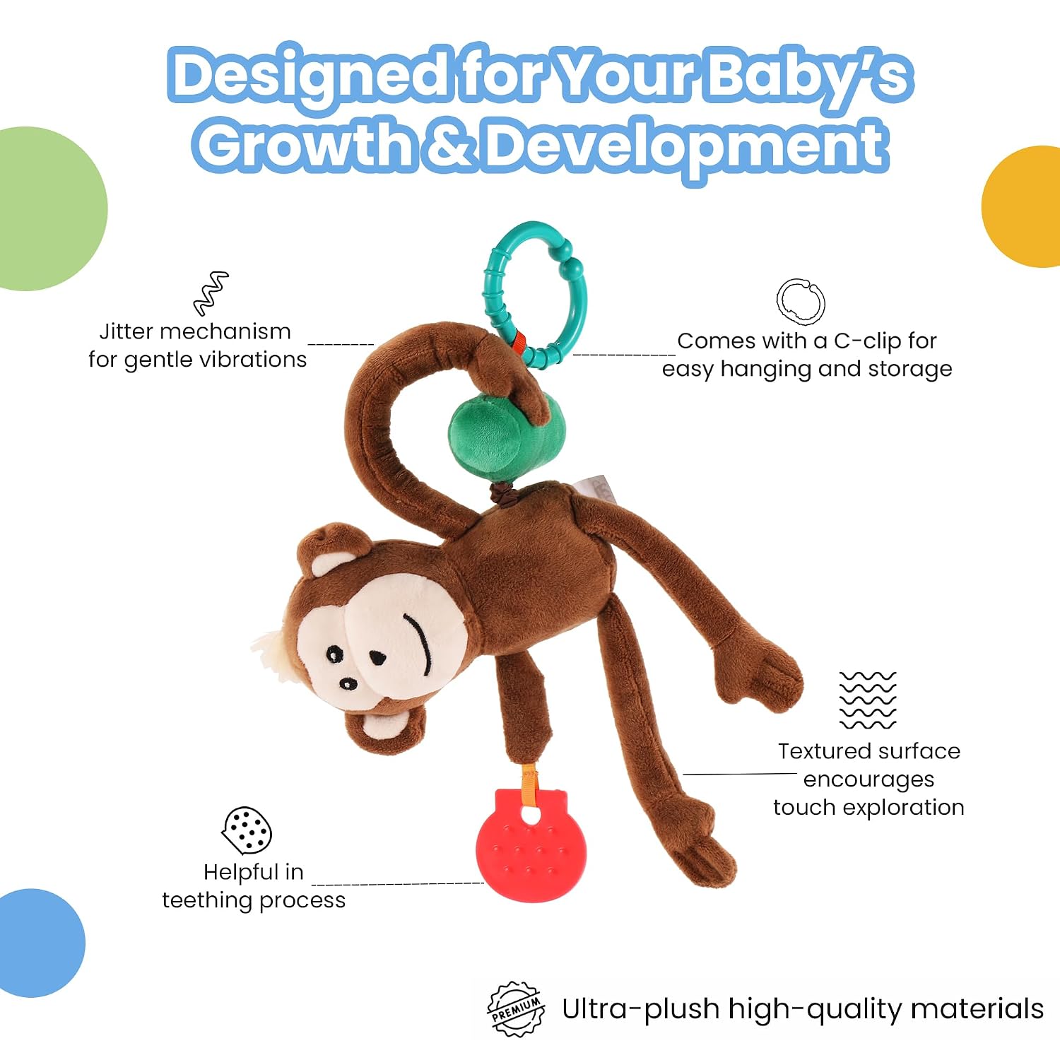 Jittery Monkey Baby Toy, Vibrating Plush with Soft Fabric, Hanging Stroller and Crib Toy for Sensory Development, Fun and Engaging Soft, Safe and Non-Toxic, for Babies 3+ Months