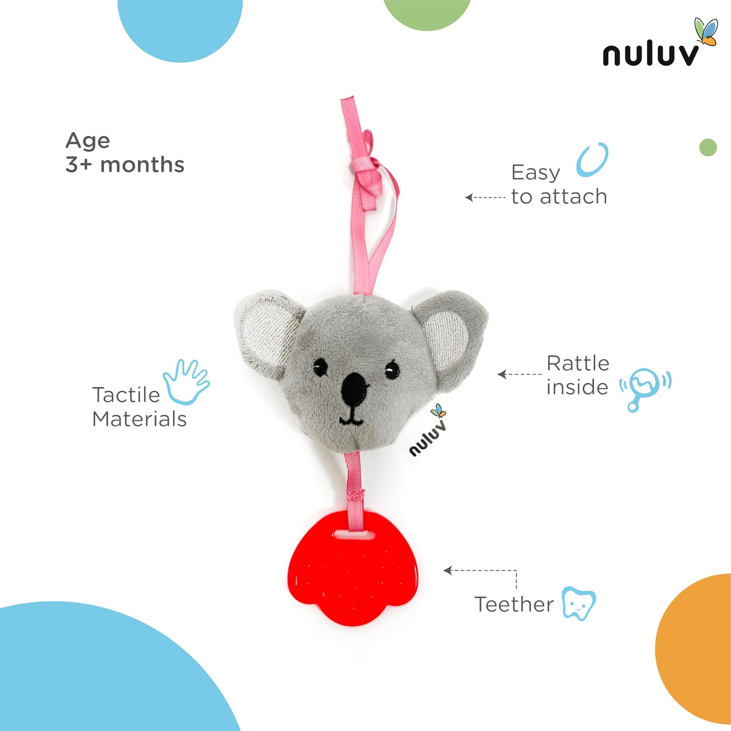 Nuluv Koala Teether Rattle Plush Toy, Soft & Cuddly with Stroller Attachment Ribbon for 3+ Months Babies