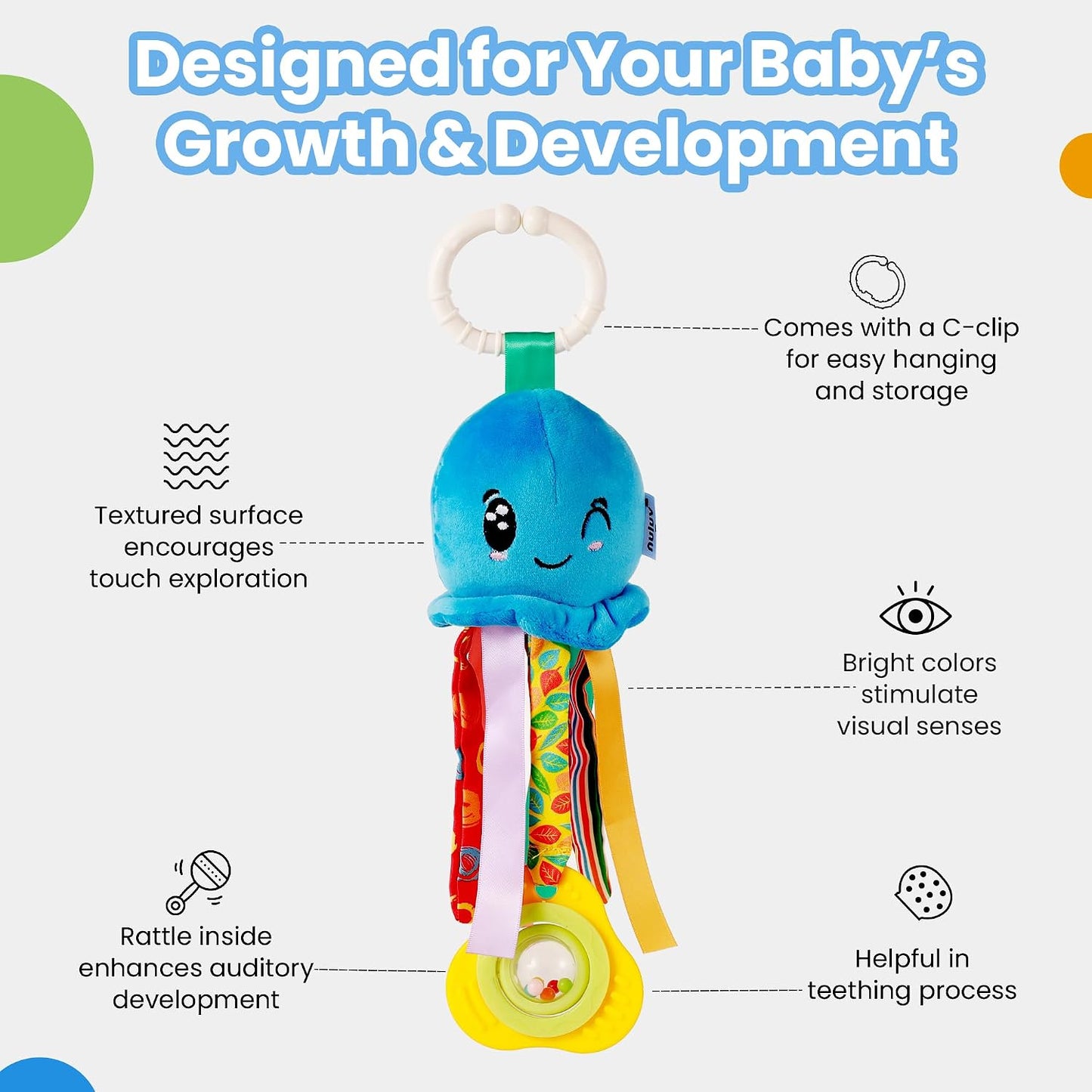 Waves Octopus Plush Toy I Hanging Rattle I Stroller Toy for Baby 3 Months+ with Teether & Rattle Sound - Multicolor