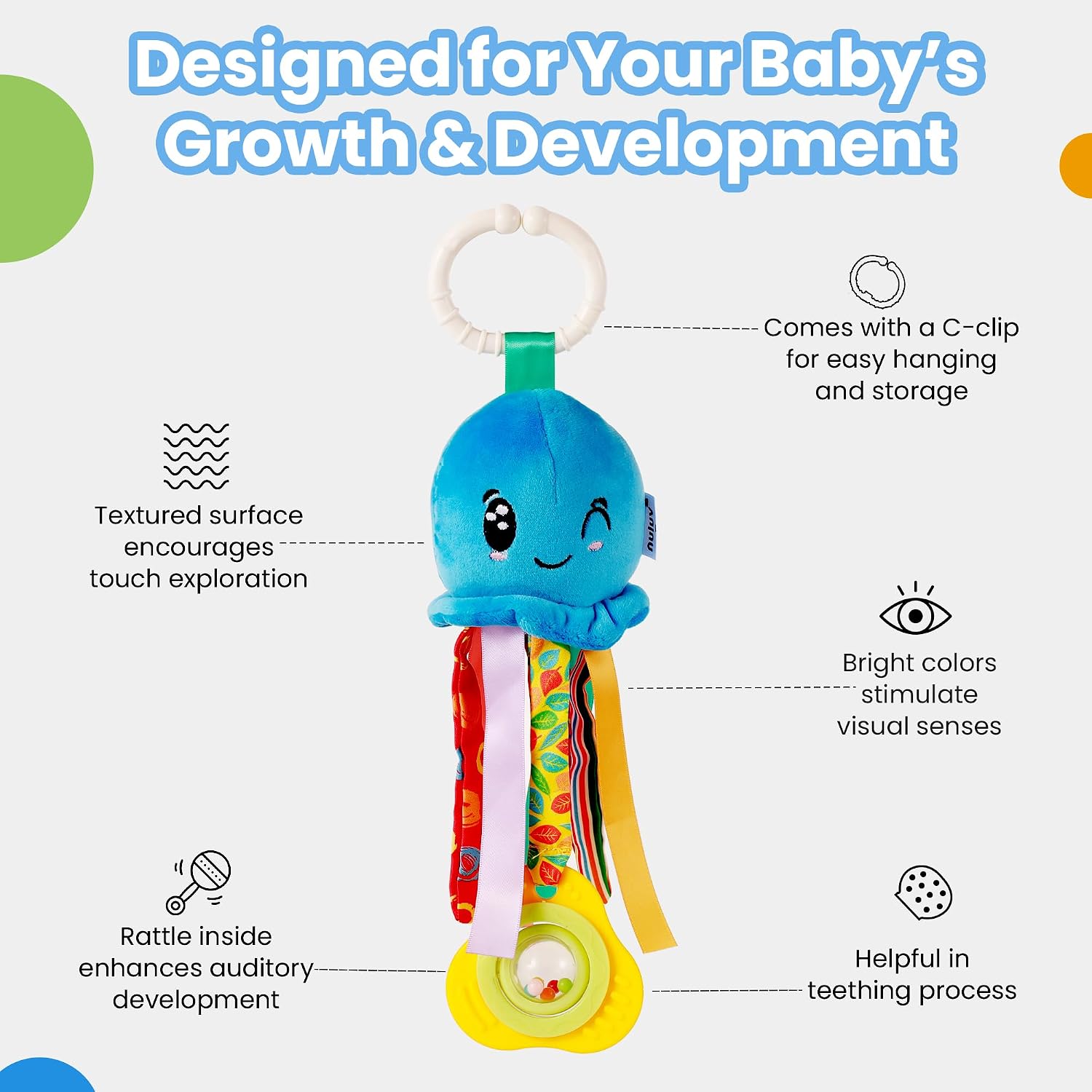 Waves Octopus Plush Toy I Hanging Rattle I Stroller Toy for Baby 3 Months+ with Teether & Rattle Sound - Multicolor