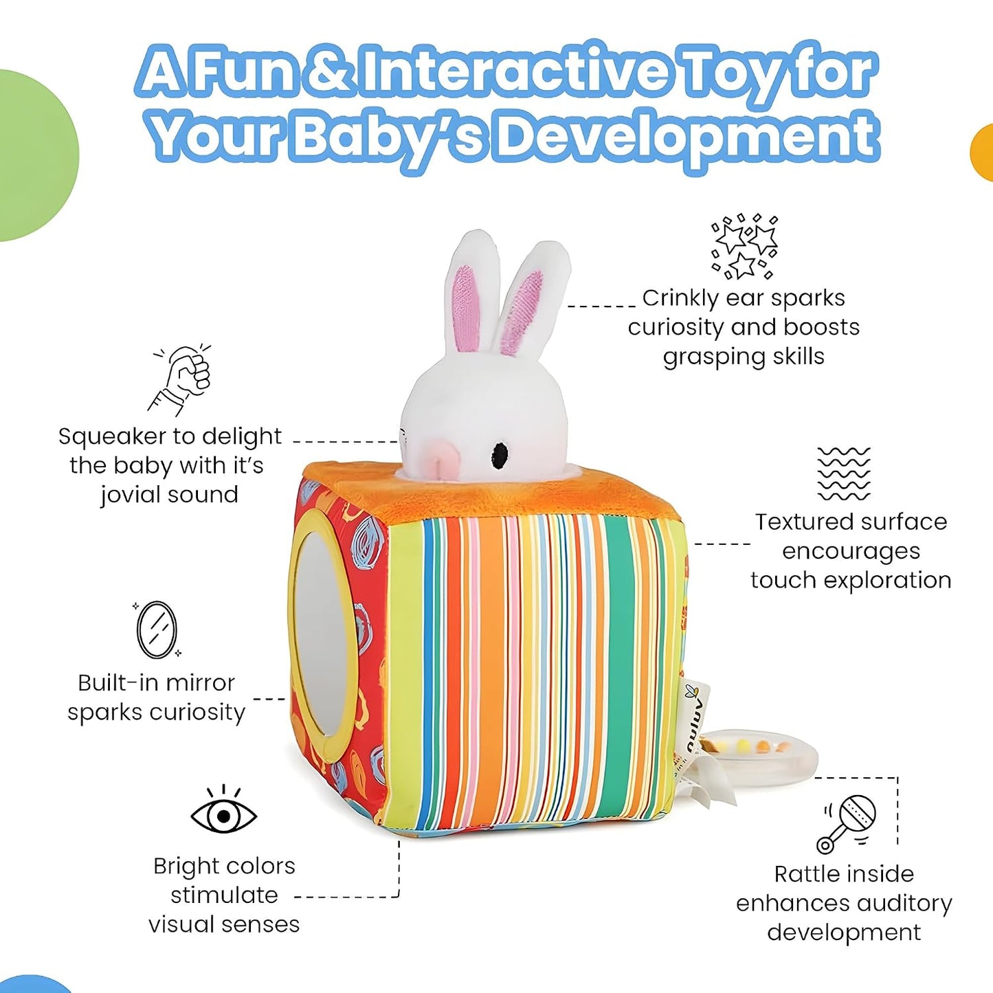 Infant Plush Bunny Cube Early Learning Activity Play Toy with Squeaky Crinkle Rattle for Baby 3 Months+,Multicolor