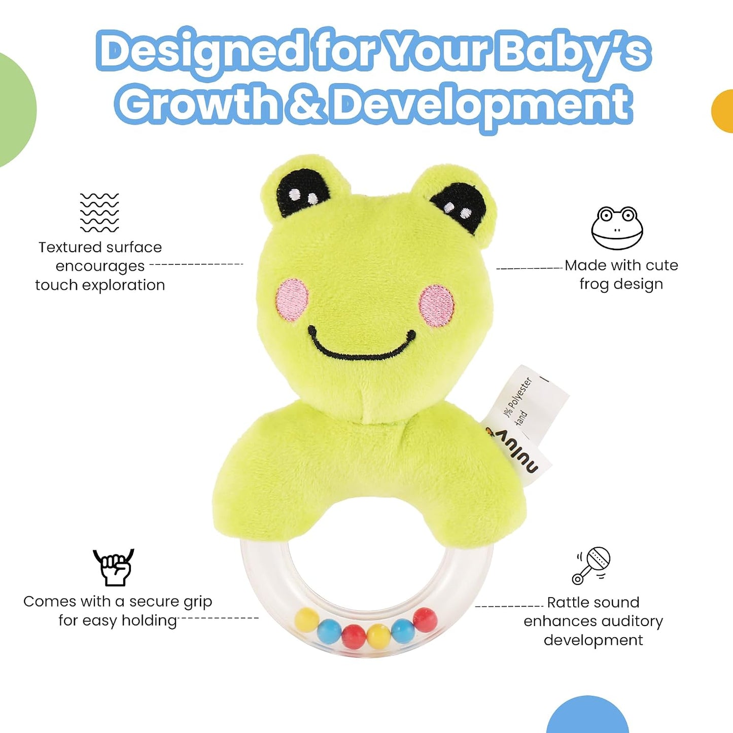 Frog Ring Rattle Toy, Soft Toy with Rattle Sound, Ring Rattle for Babies and Infants, Develops Sight, Sound and Motor Skills, Lightweight and Portable, Non-Toxic, for Babies 3+ Months
