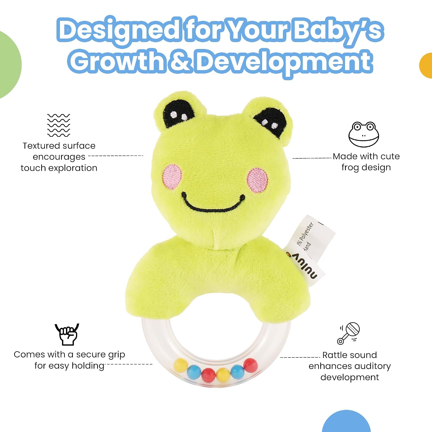 Frog Ring Rattle Toy, Soft Toy with Rattle Sound, Ring Rattle for Babies and Infants, Develops Sight, Sound and Motor Skills, Lightweight and Portable, Non-Toxic, for Babies 3+ Months