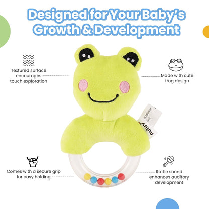 Frog Ring Rattle Toy, Soft Toy with Rattle Sound, Ring Rattle for Babies and Infants, Develops Sight, Sound and Motor Skills, Lightweight and Portable, Non-Toxic, for Babies 3+ Months