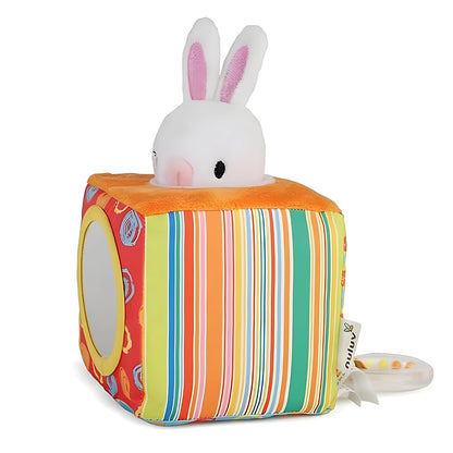 Infant Plush Bunny Cube Early Learning Activity Play Toy with Squeaky Crinkle Rattle for Baby 3 Months+,Multicolor
