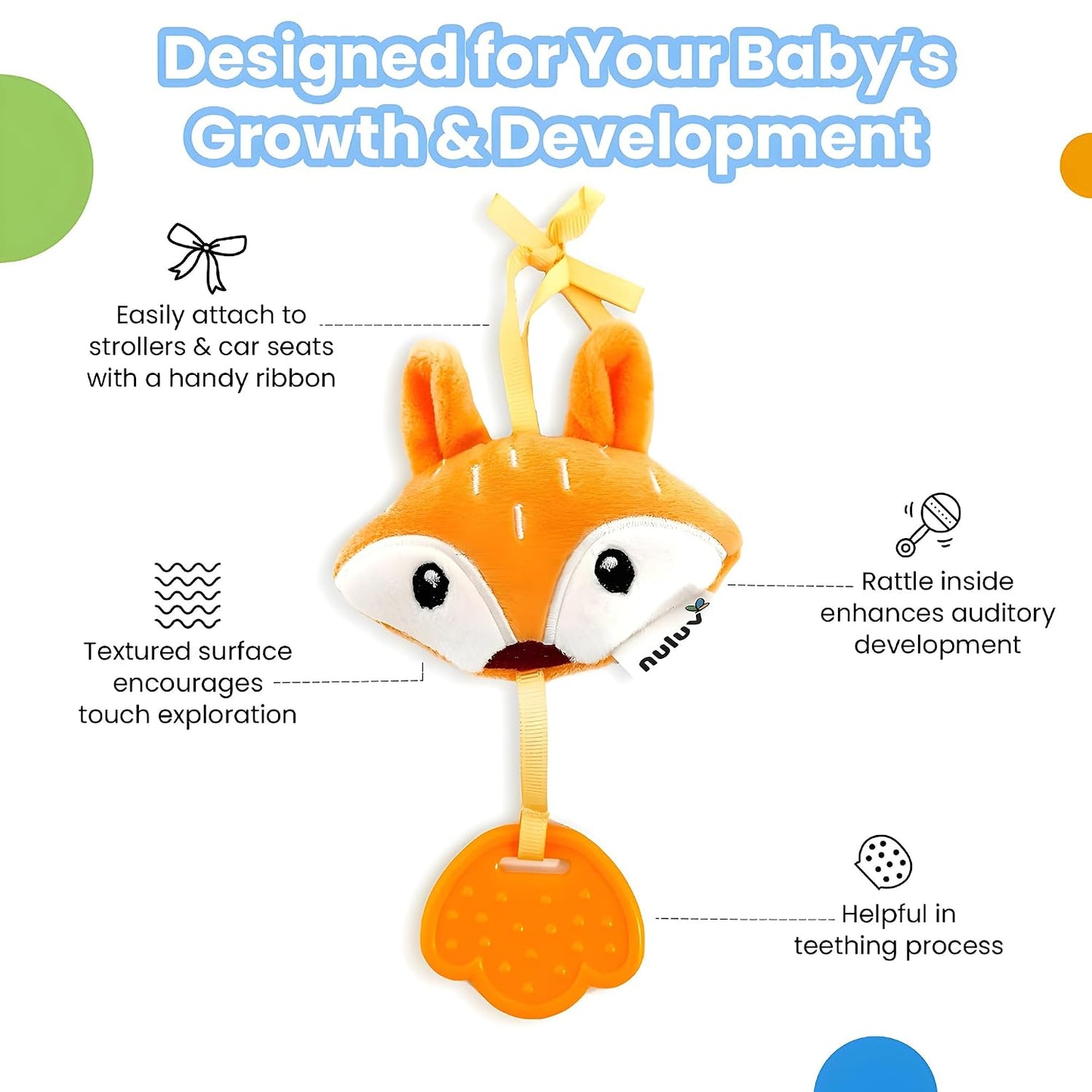 Fox Teether Plush Toy, Soft & Cuddly with Stroller Attachment Ribbon for 3+ Months Babies