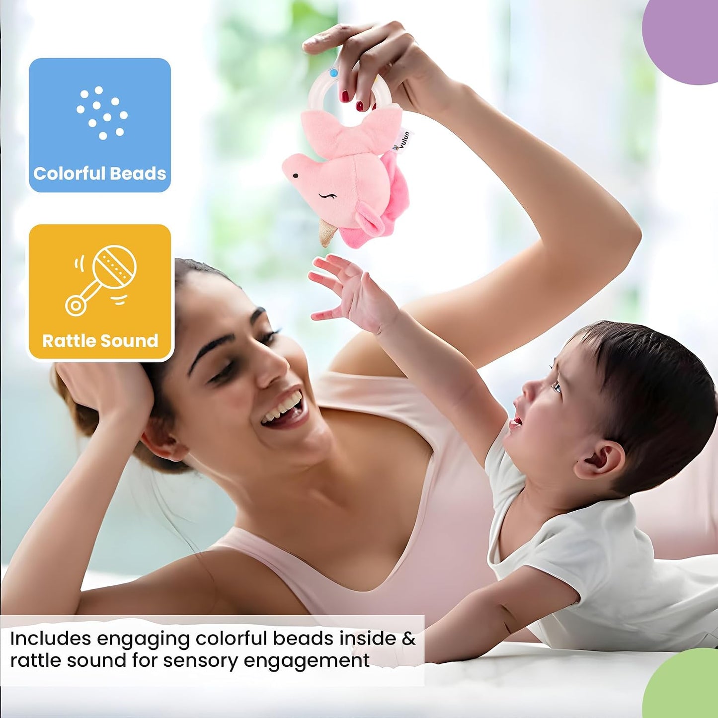 Unicorn Ring Rattle Toy, Soft Toy with Rattle Sound, Ring Rattle for Babies and Infants, Develops Sight, Sound and Motor Skills, Lightweight and Portable, Non-Toxic, for Babies 3+ Months