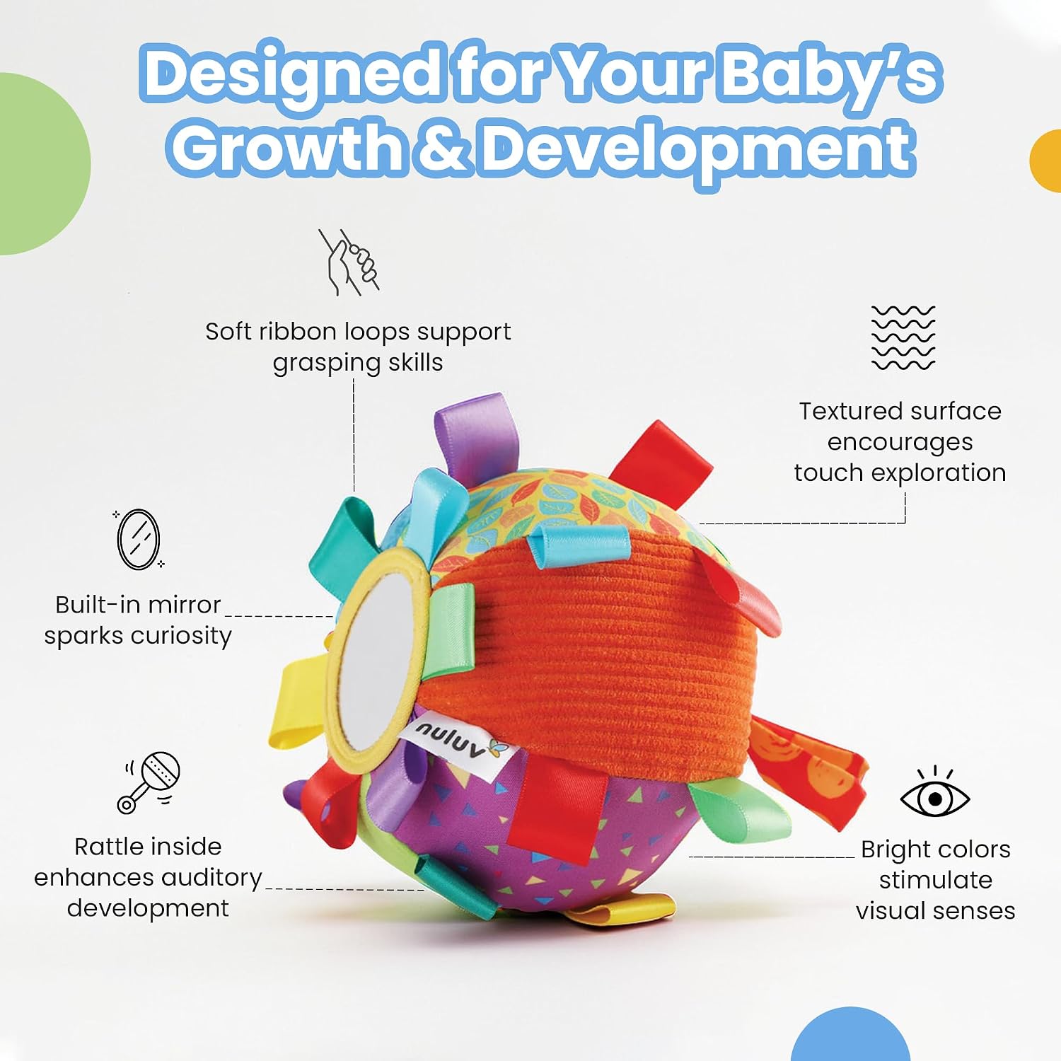 Learning & Activity Play Ball - Soft Plush Infant & Preschool Toy, Multicolour Baby Ball with Rattle Sound