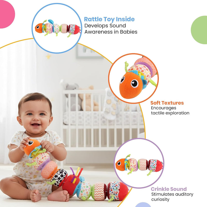 Activity Caterpillar Baby Toy, Sensory Rattle and Crinkle Sound, BPA and PVC Free, Soft, Colorful Developmental Toy for 3+ Months, Mix and Match Play for Learning and Motor Skills