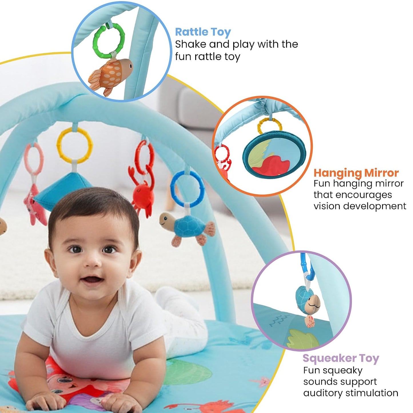 Baby Playgym for Babies | Activity Play Gym with Hanging Crinkles, Squeaker, Mirror and Rattles Toys, Foldable, Washable and Non-Toxic Play Gym, for Infants 2+ Months Mermaid s Cove