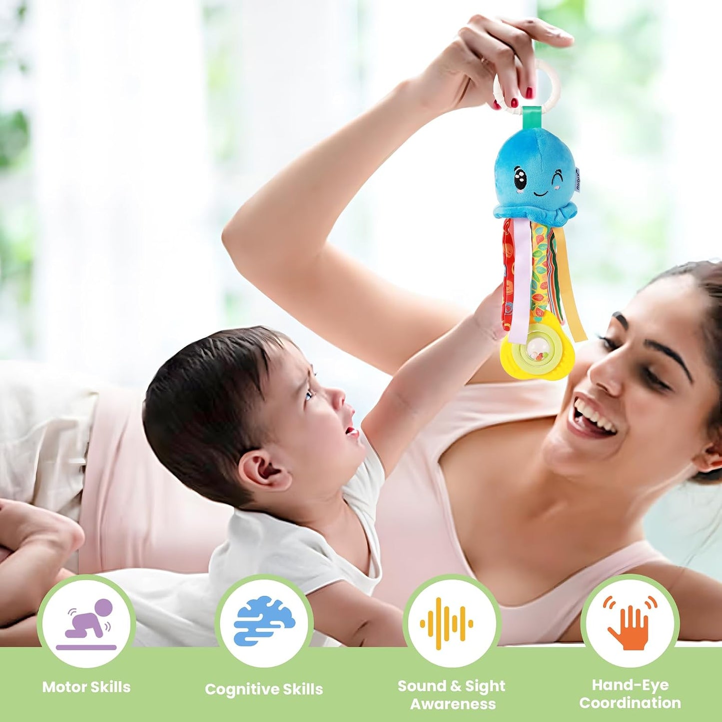 Waves Octopus Plush Toy I Hanging Rattle I Stroller Toy for Baby 3 Months+ with Teether & Rattle Sound - Multicolor