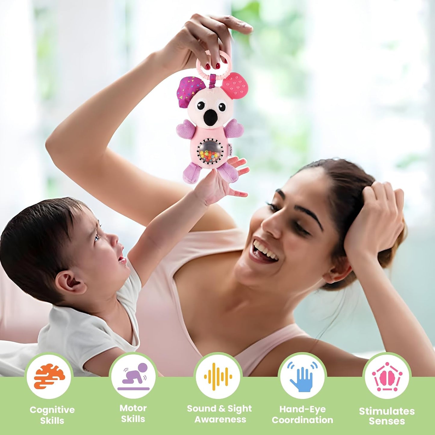 Infant Koala Jittery Teether Rattle Plush Toy, Hanging Rattle, Stroller Toy with Tactile Material for Baby 3 Months+,Multicolor