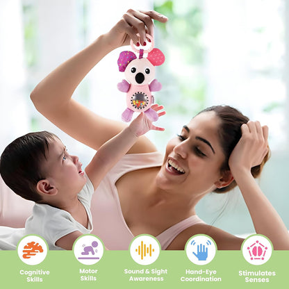 Infant Koala Jittery Teether Rattle Plush Toy, Hanging Rattle, Stroller Toy with Tactile Material for Baby 3 Months+,Multicolor