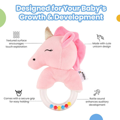 Unicorn Ring Rattle Toy, Soft Toy with Rattle Sound, Ring Rattle for Babies and Infants, Develops Sight, Sound and Motor Skills, Lightweight and Portable, Non-Toxic, for Babies 3+ Months