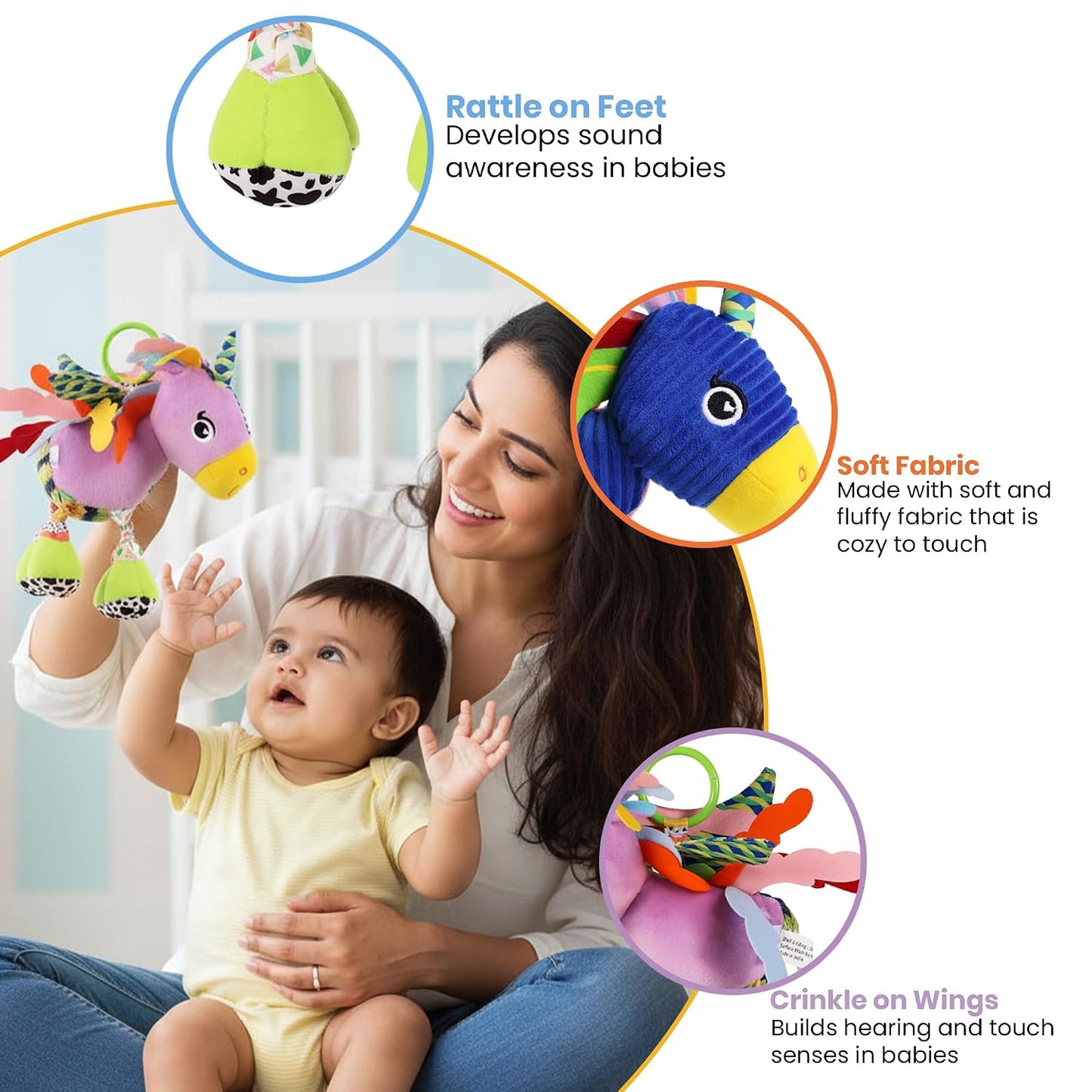 Sparkly Unicorn Baby Toy with Rattle, Crinkle Wings and Star Rings, Soft Sensory Plush Toy for Playtime Fun, Lightweight and Portable, Non-Toxic, BPA-Free for Kids 3+ Months
