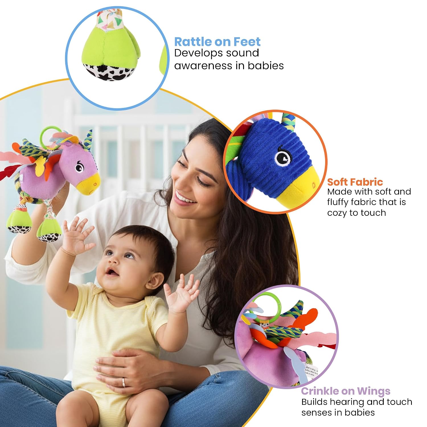 Sparkly Unicorn Baby Toy with Rattle, Crinkle Wings and Star Rings, Soft Sensory Plush Toy for Playtime Fun, Lightweight and Portable, Non-Toxic, BPA-Free for Kids 3+ Months