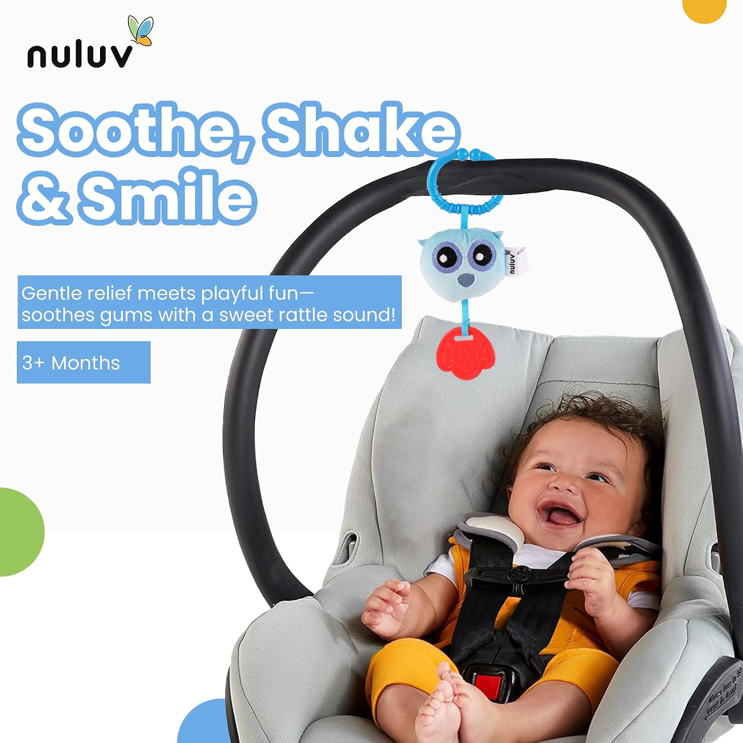 Owl Teether Rattle Plush Toy, Soft & Cuddly with Stroller Attachment Ribbon for 3+ Months Babies
