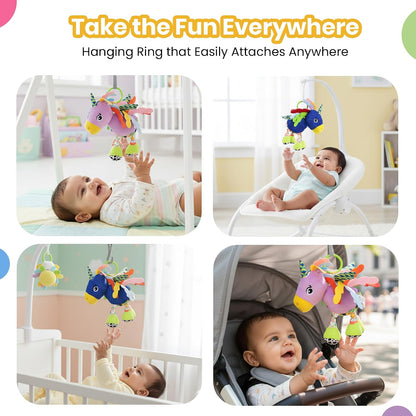 Sparkly Unicorn Baby Toy with Rattle, Crinkle Wings and Star Rings, Soft Sensory Plush Toy for Playtime Fun, Lightweight and Portable, Non-Toxic, BPA-Free for Kids 3+ Months