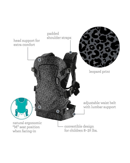 Infantino Flip 4-in-1 Convertible Carrier with Adjustable Ergonomic seat, Head Support, Shoulder Straps, and Waist Belt, 4 Ways to Carry, Can Carry (3.6-14.5 Kgs), Leopard