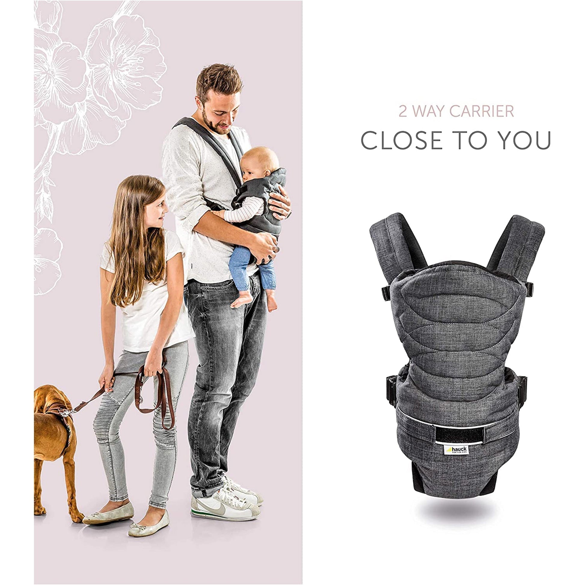 Hauck 2 Way Carrier Baby Carrier Melange Charcoal Birth+ to 9M