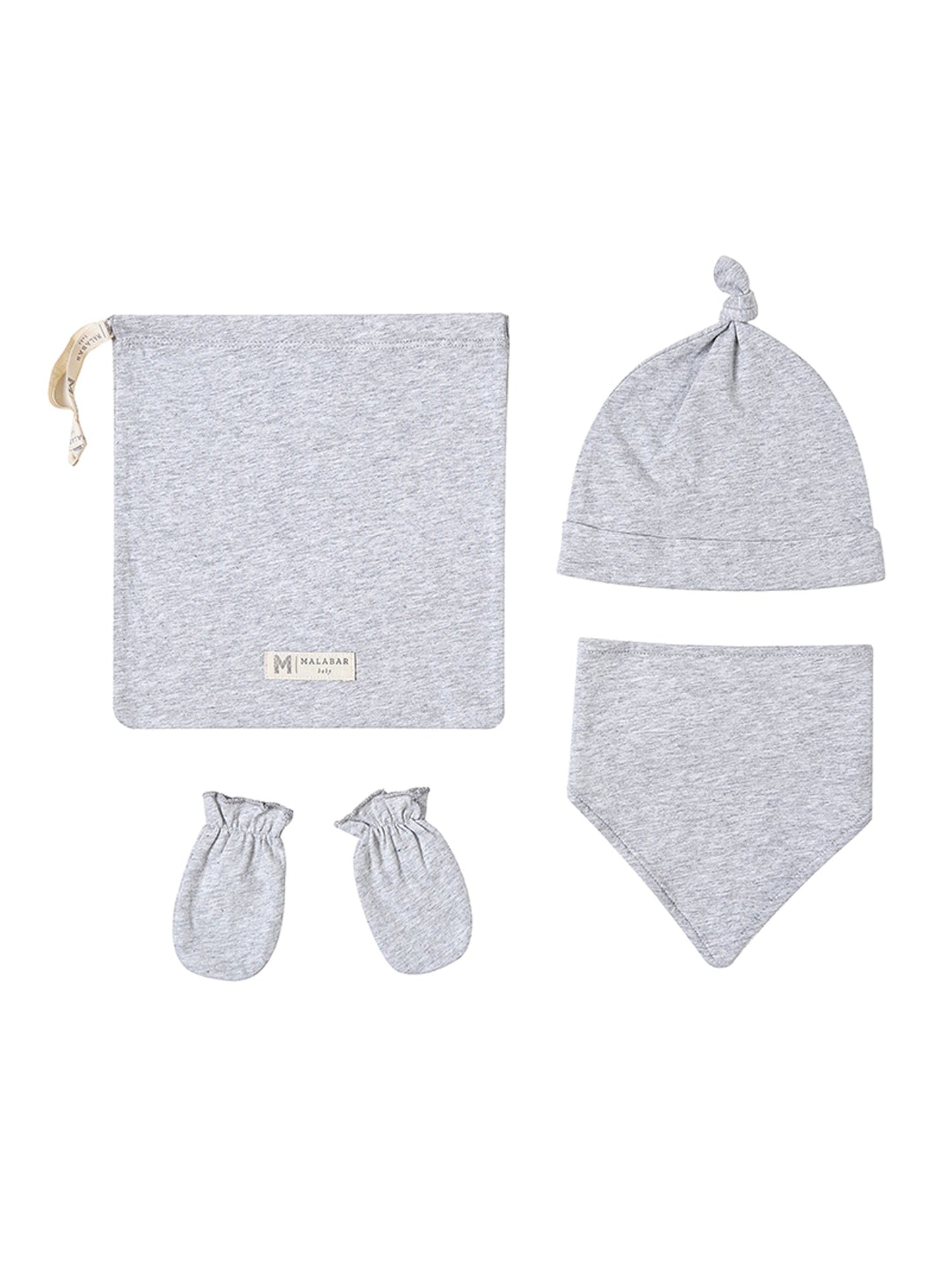 Malabar Baby Organic Cotton Bandana Bib, Mitten, Hat Set - Grey Erawan