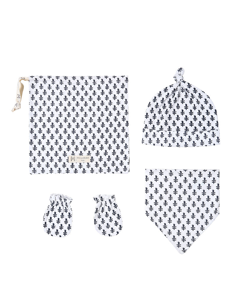 Malabar Baby Organic Cotton Bandana Bib, Mitten, Hat Set - Fort
