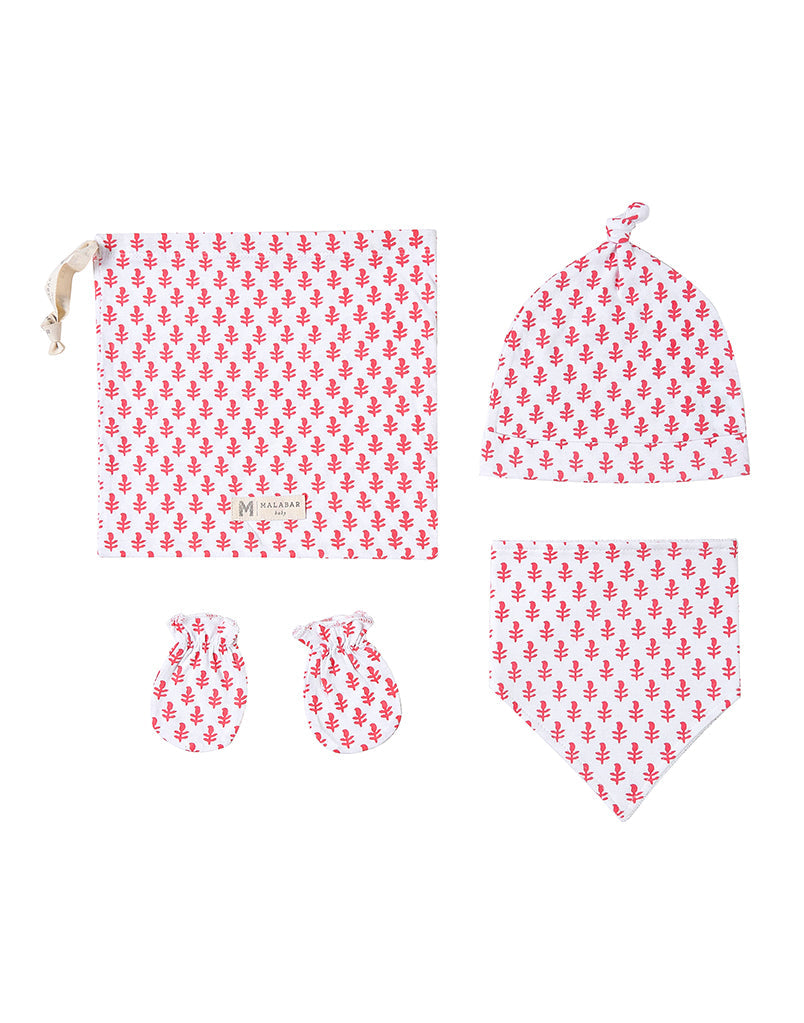 Malabar Baby Organic Cotton Bandana Bib, Mitten, Hat Set - Pink City