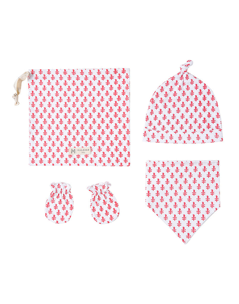 Malabar Baby Organic Cotton Bandana Bib, Mitten, Hat Set - Pink City