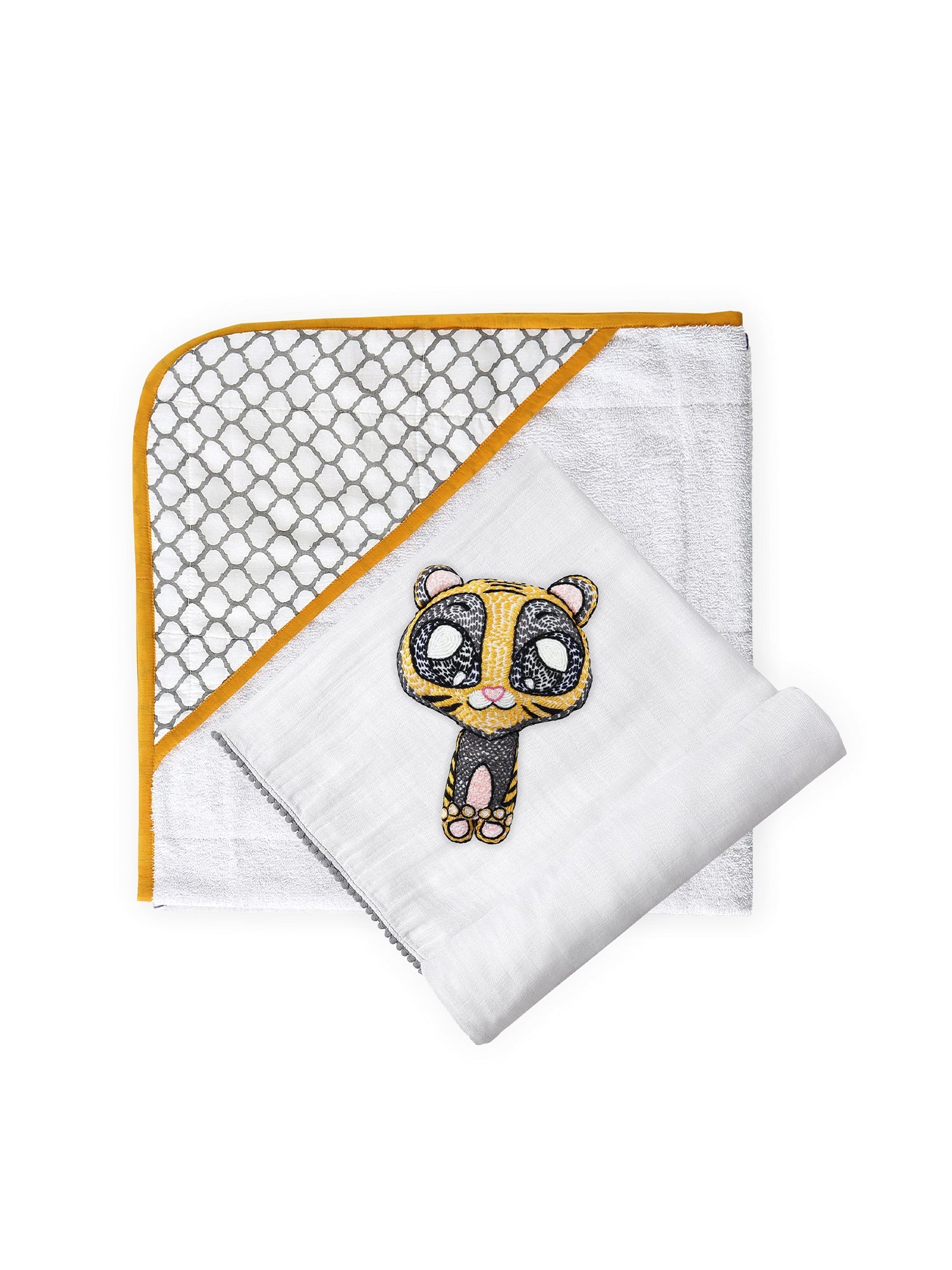 Malabar Baby 3 Pc Newborn Essential Set - Hooded Towel, Swaddle + Toy Rattle