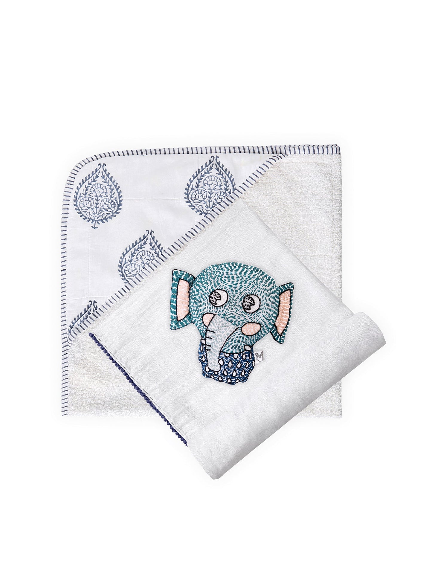 Malabar Baby 3 Pc Newborn Essential Set - Hooded Towel, Swaddle + Toy Rattle