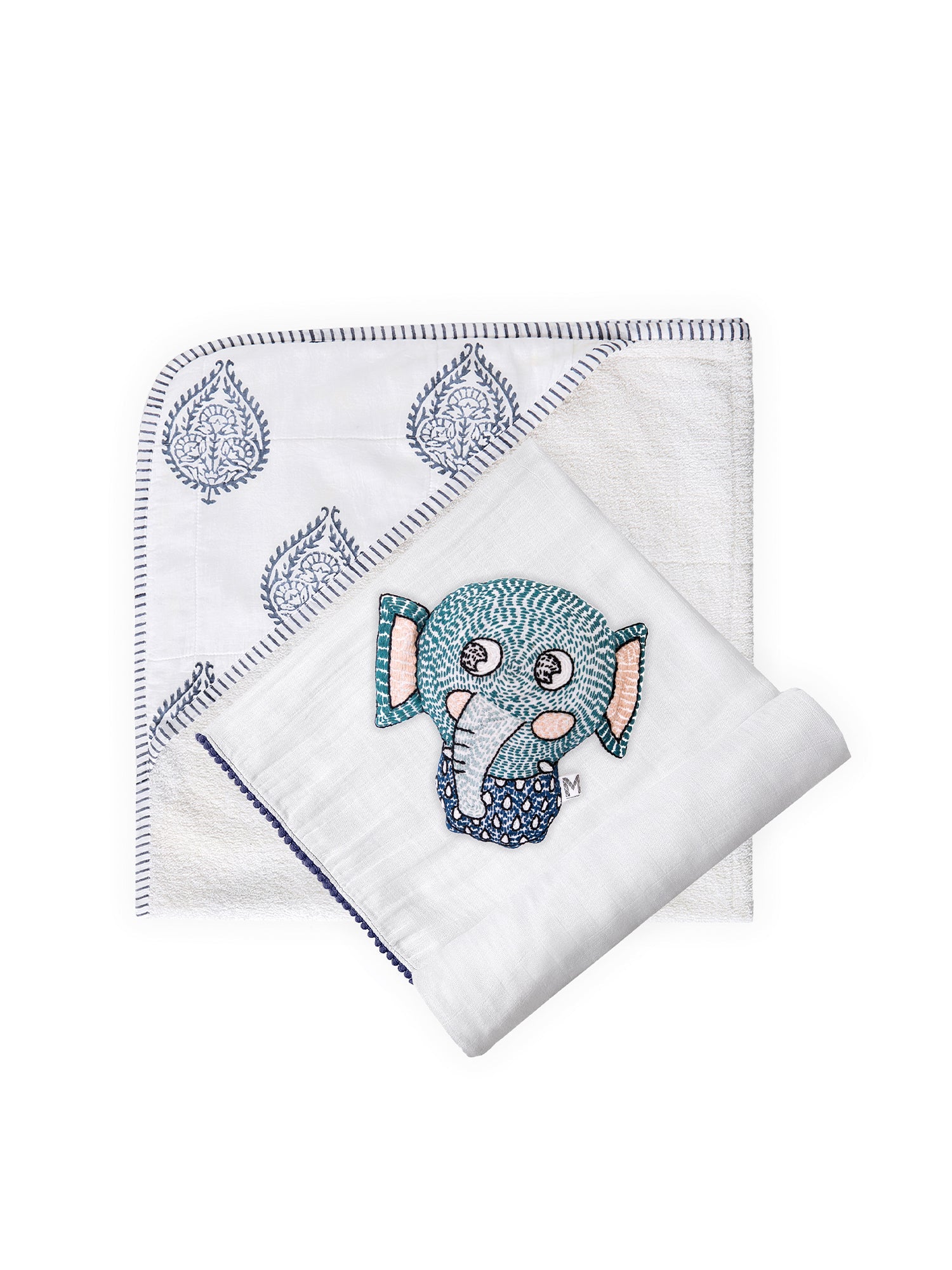 Malabar Baby 3 Pc Newborn Essential Set - Hooded Towel, Swaddle + Toy Rattle